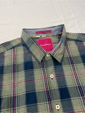 Tommy Bahama Navy Plaid Button-Down with Lime & Pink Accents